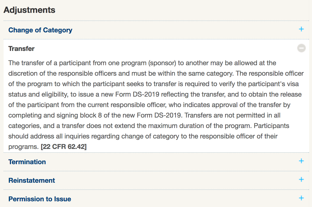“The transfer of a participant from one program (sponsor) to another may be allowed at the discretion of the responsible officers and must be within the same category” (j1visa.state.gov)
